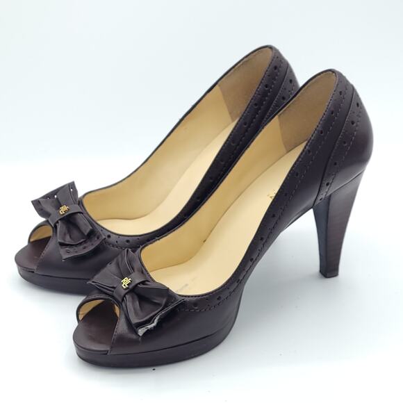 Lauren Ralph Lauren brown peep toe heels leather kitten women's size 8.5 - Picture 4 of 9